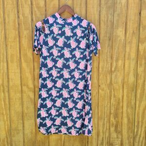 Simply Southern Sea Turtle Cold Shoulder Slinky Dress Blue/Pink Womens Size L